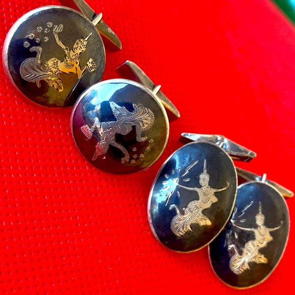 2 Siam sterling silver Niello vintage cuff links lot cuff links
